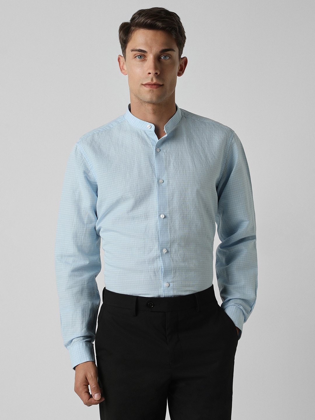 

Van Heusen Checked Mandarin Collar Linen Cotton Formal Shirt, Blue