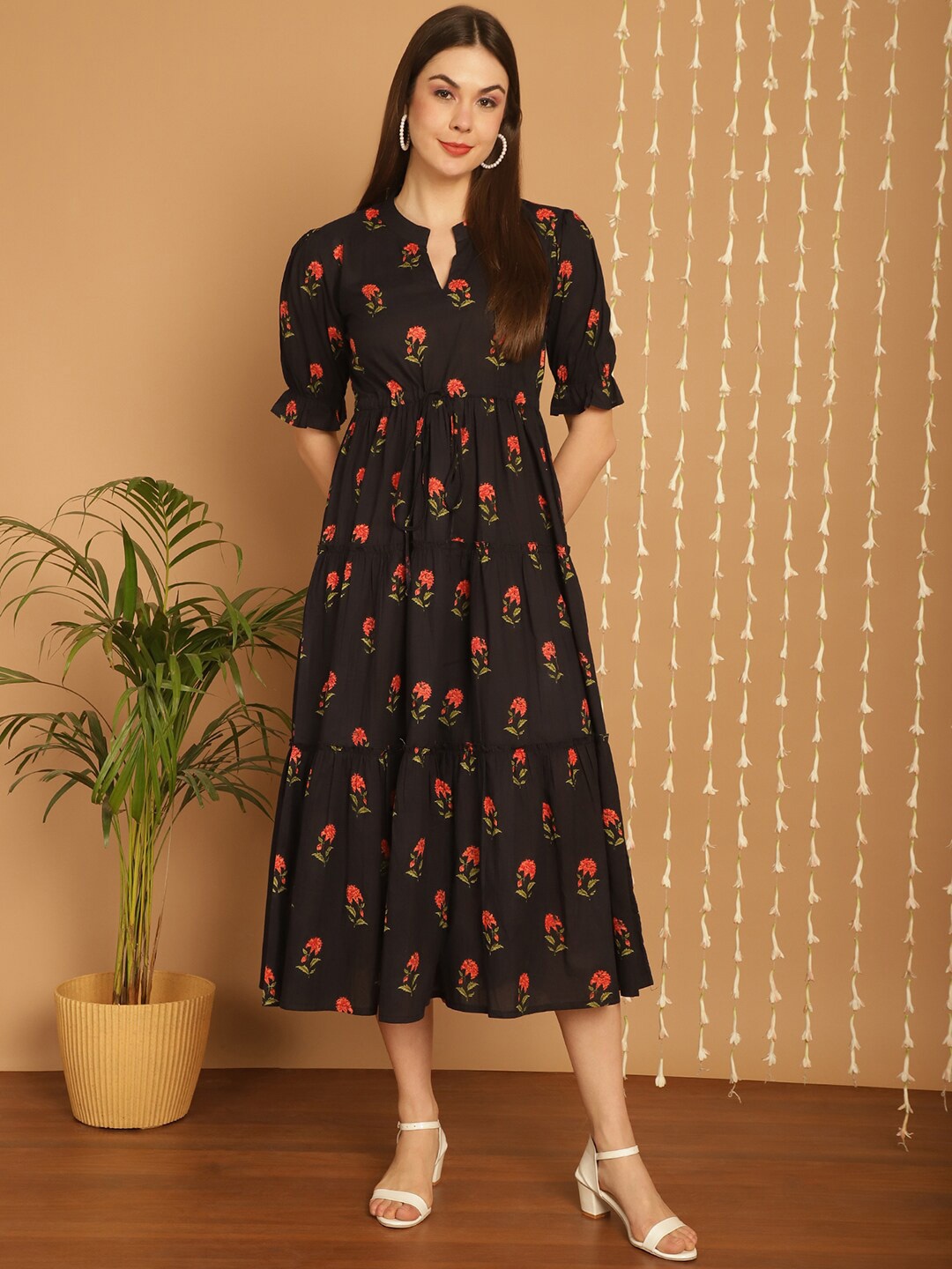 

KALINI Floral Printed Mandarin Collar Gathered Tiered Cotton Fit & Flare Midi Dress, Black