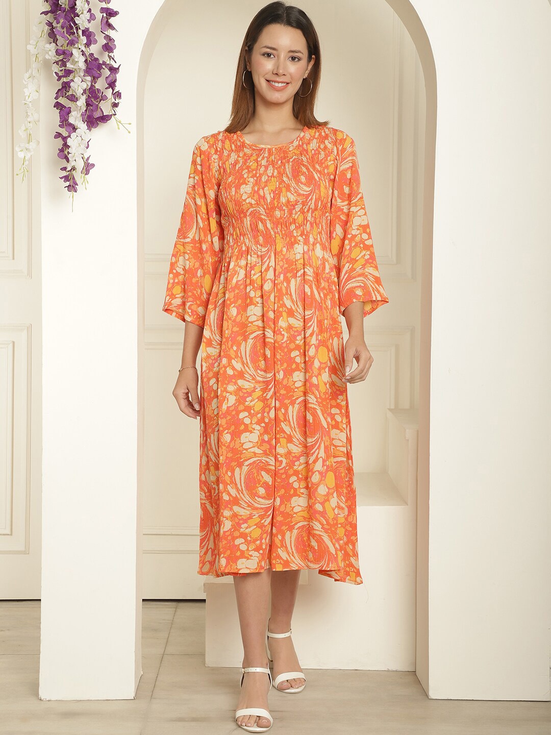 

KALINI Floral Printed Smocked Fit & Flare Midi Dress, Orange