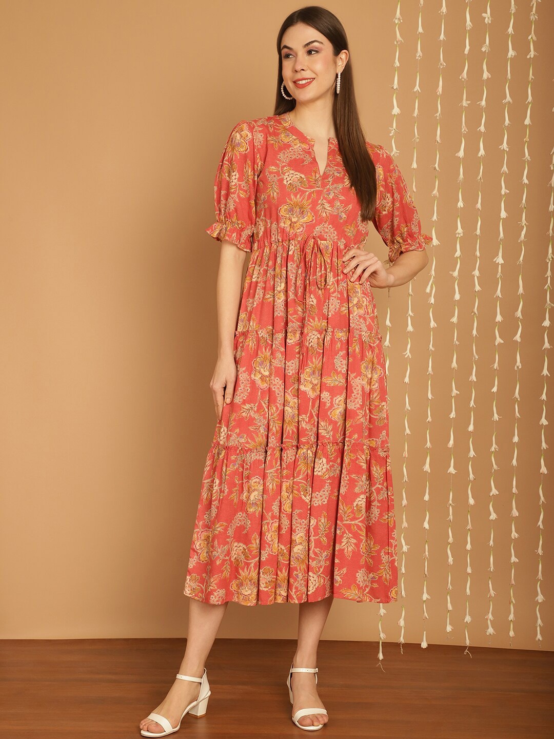 

KALINI Floral Printed Mandarin Collar Gathered Tiered Fit & Flare Midi Dress, Orange