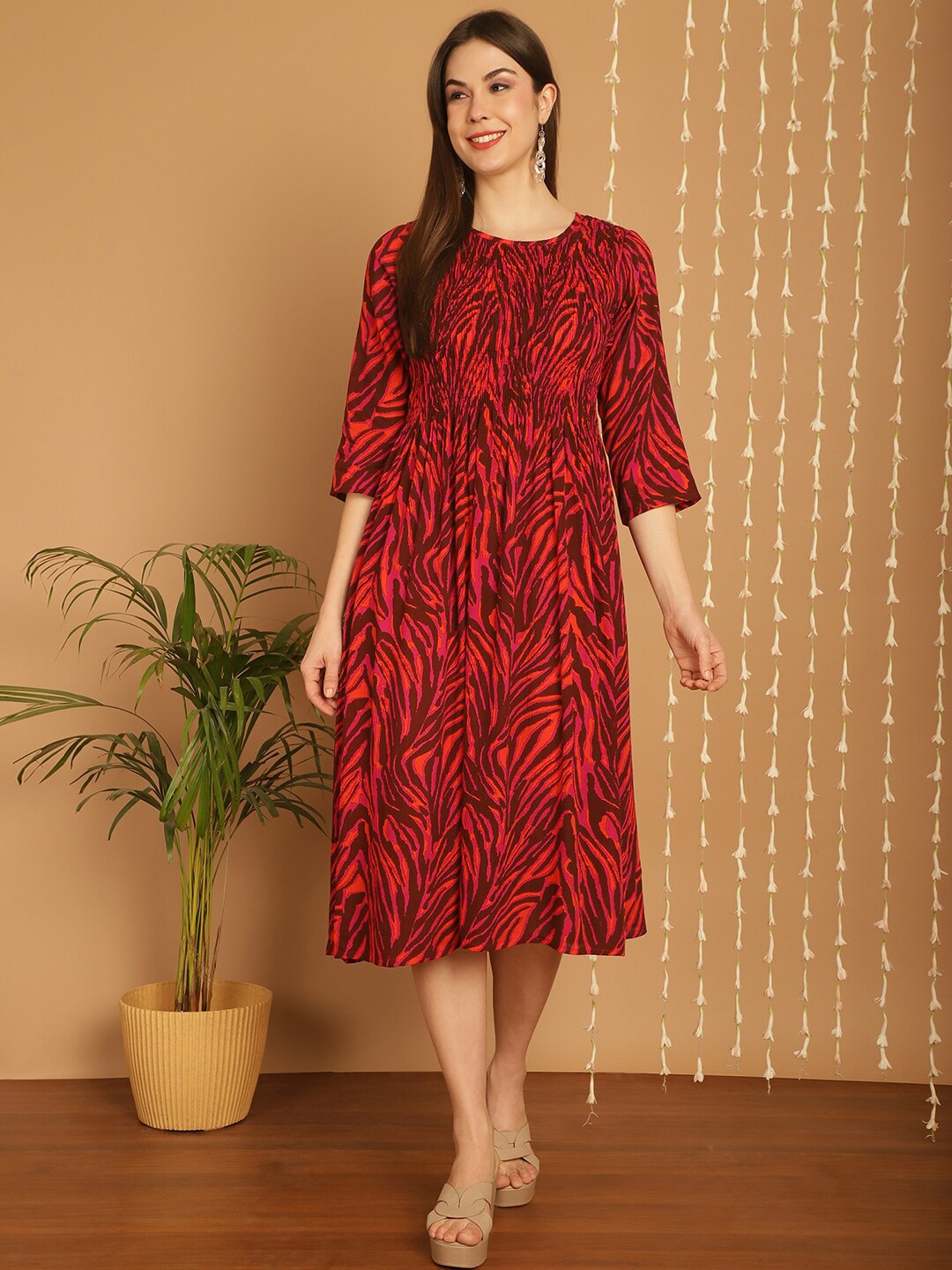 

KALINI Abstract Printed Smocked Fit & Flare Midi Dress, Red