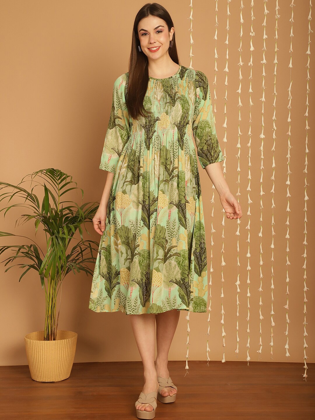 

KALINI Floral Printed Smocked Fit & Flare Midi Dress, Green