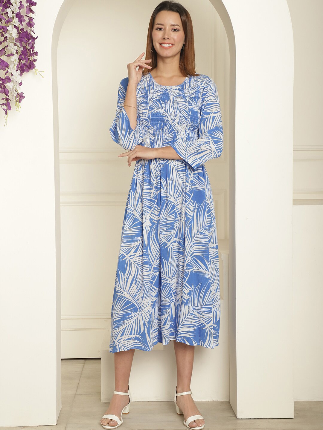 

KALINI Ethnic Motifs Print Flared Sleeve Crepe A-Line Midi Dress, Blue