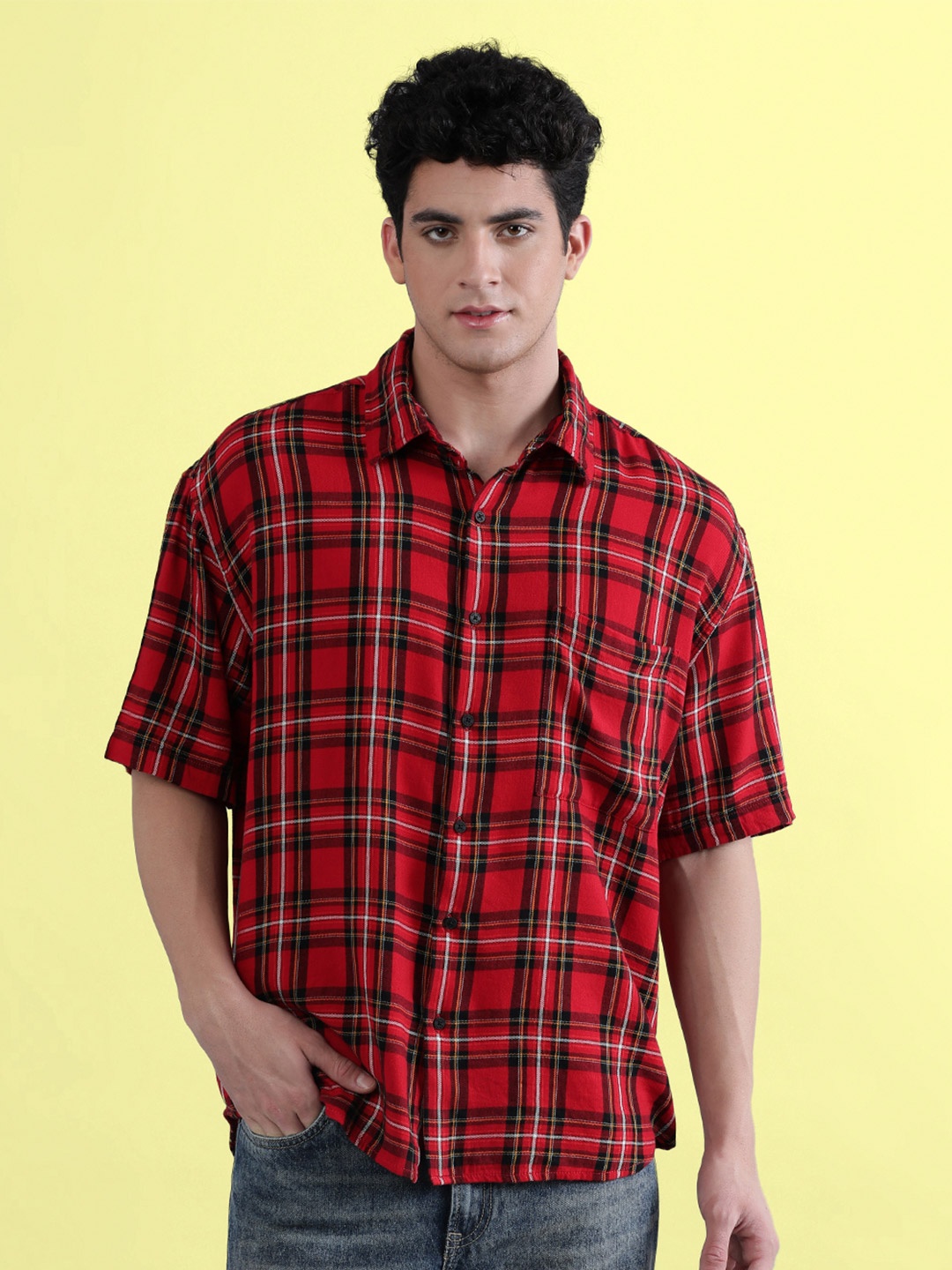 

Bene Kleed Tartan Checks Spread Collar Half Sleeves Oversize Casual Shirt, Red