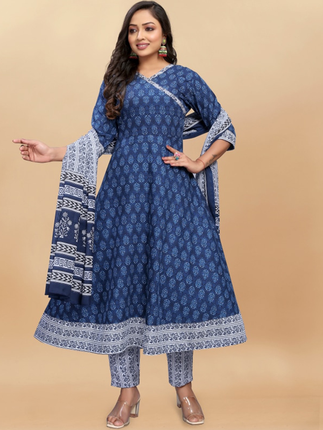 

Anouk Blue Floral Printed Anarkali Kurta with Trousers & Dupatta