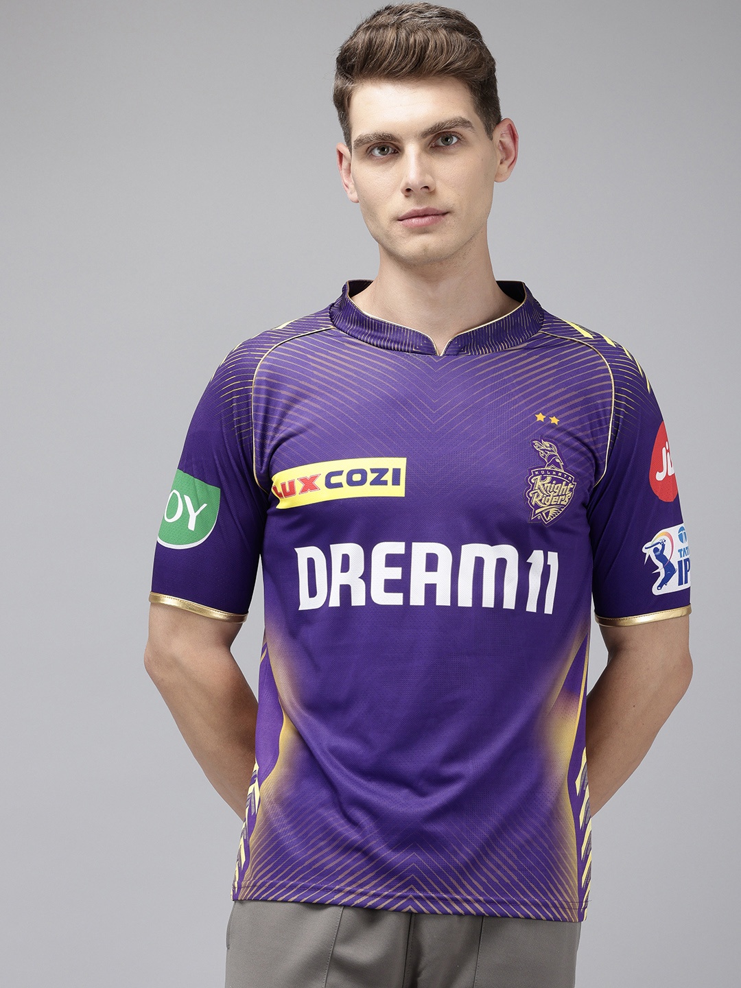 

playR KKR Official Match Printed Mandarin Collar Dri-FIT Jersey T-shirt, Purple