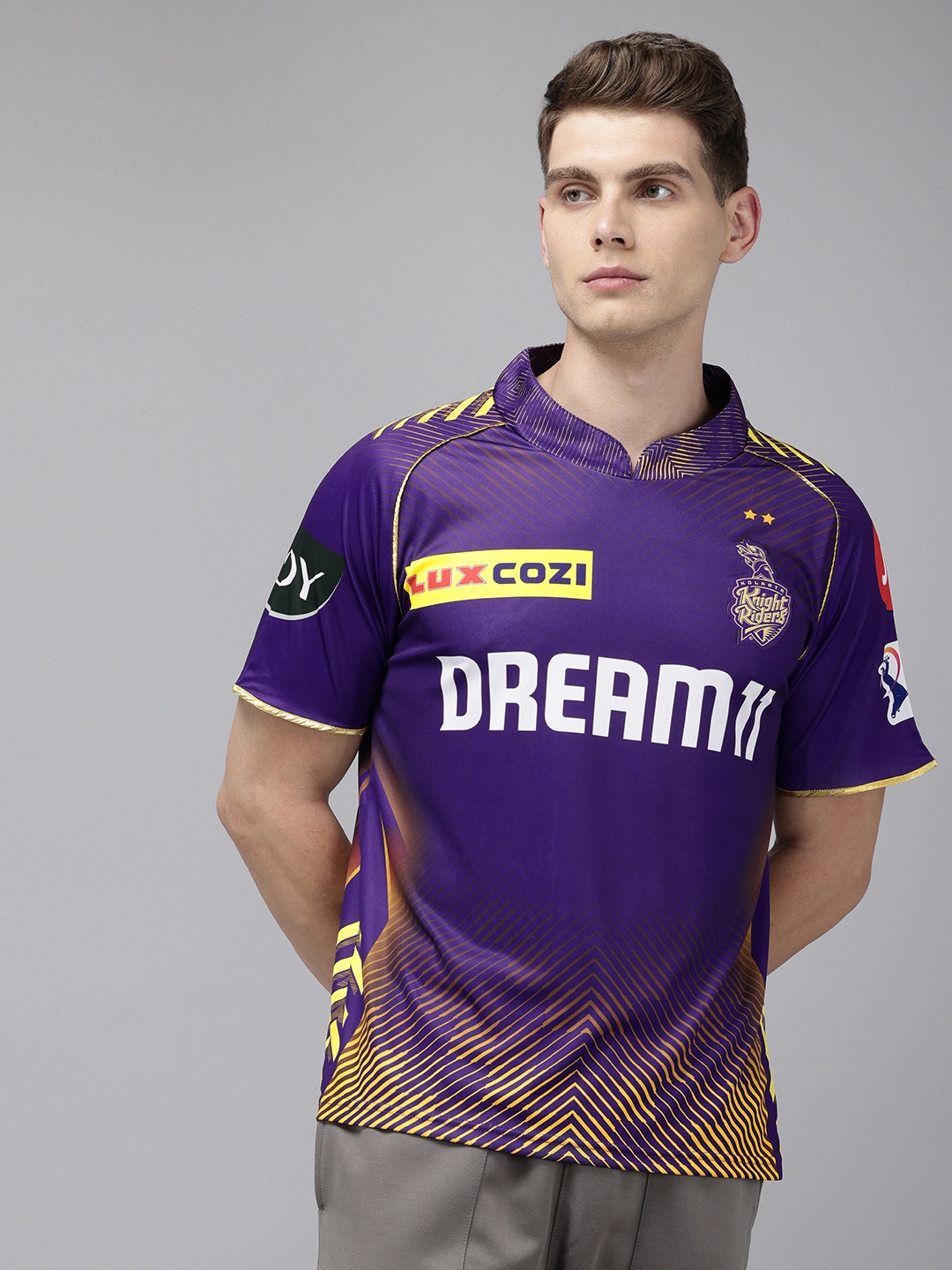 

playR KKR Official Match Printed Mandarin Collar Dri-FIT Jersey T-shirt, Purple