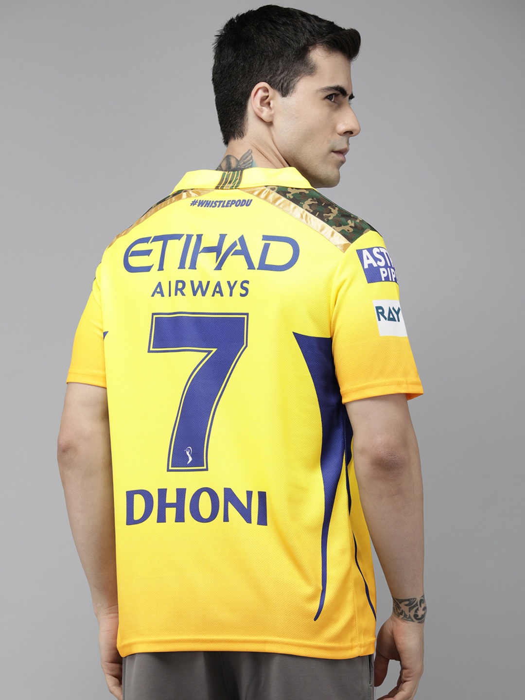

playR Men Sports Printed Polo Collar Dri-FIT CSK Fan 7 Dhoni T-shirt, Yellow
