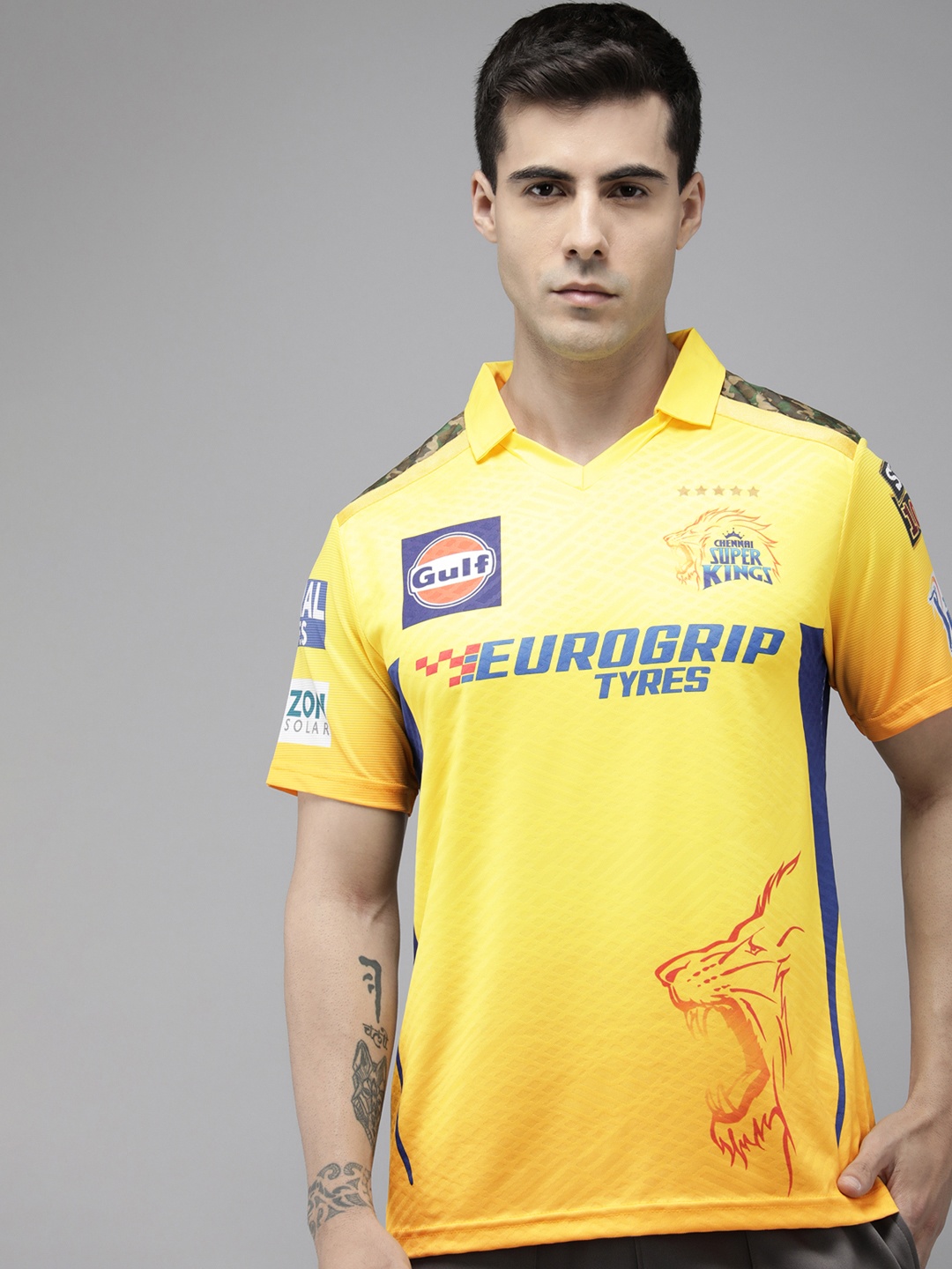 

playR Men Polo Collar Dri-FIT CSK Official Match Jersey with Dhoni Print, Yellow