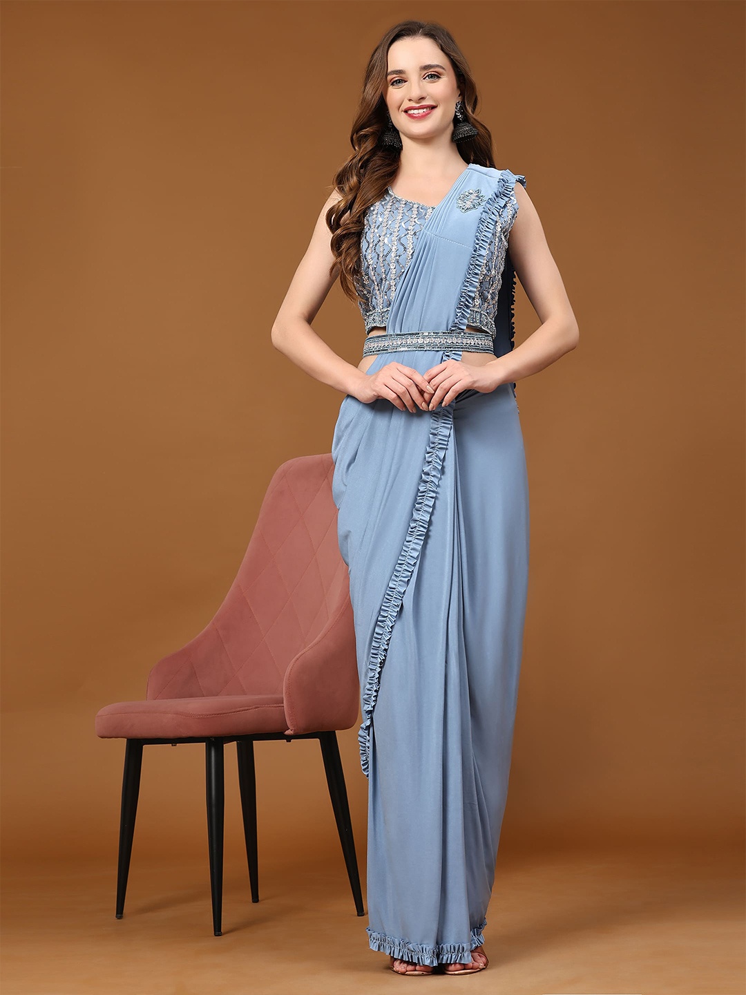 

AMOHA TRENDZ Embroidered Ready to Wear Saree, Blue