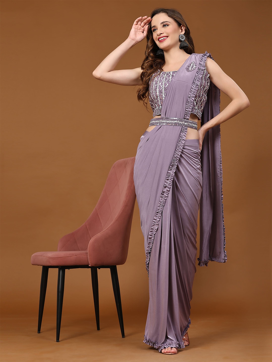 

AMOHA TRENDZ Embroidered Ready to Wear Saree, Purple