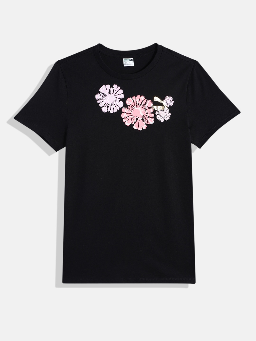 

Puma Girls Floral Print Classics SNFLR Logo Knitted Pure Cotton T-shirt, Black