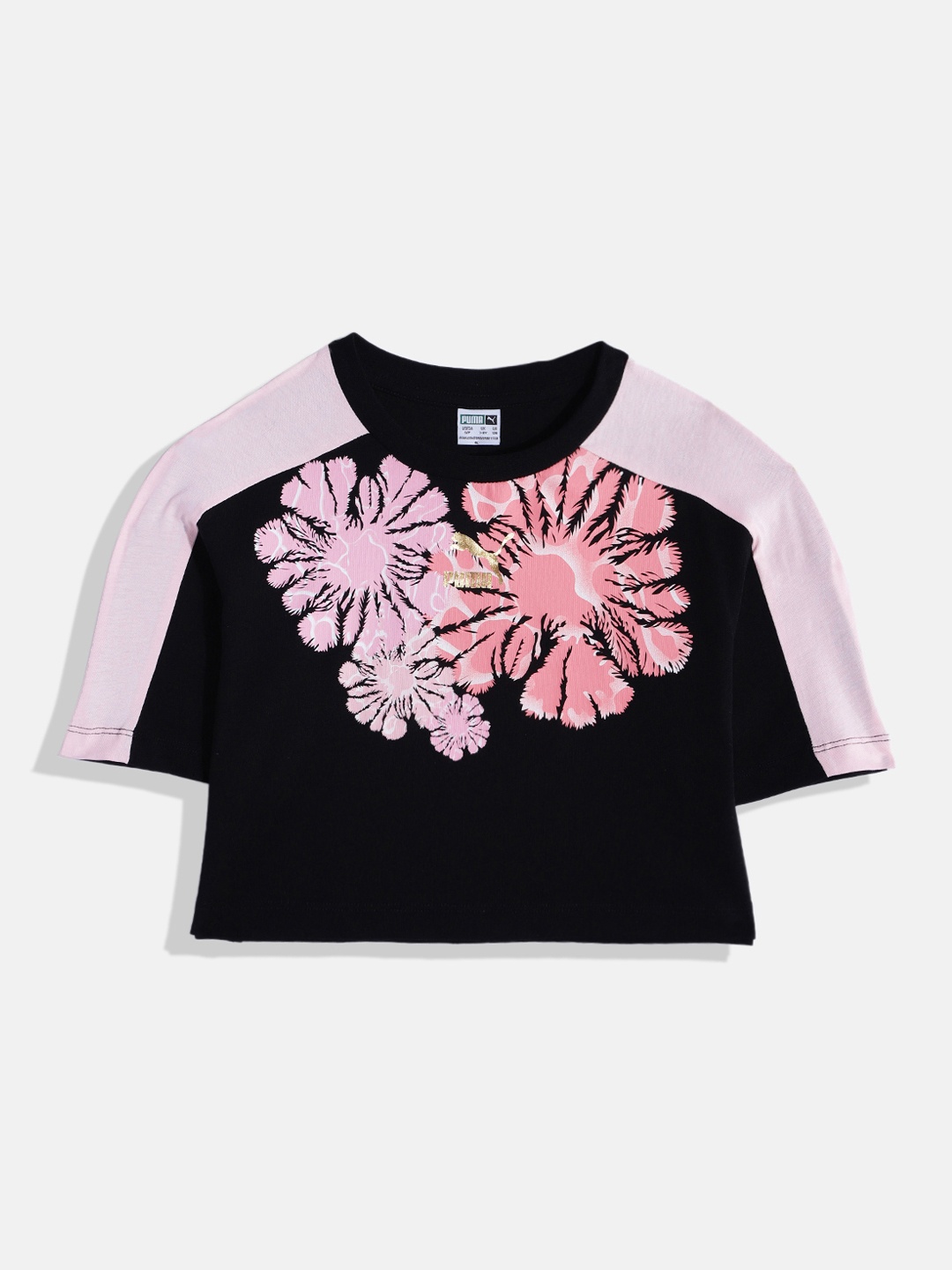 

Puma Girls Floral Printed Drop-Shoulder Sleeves Pure Cotton T-shirt, Black