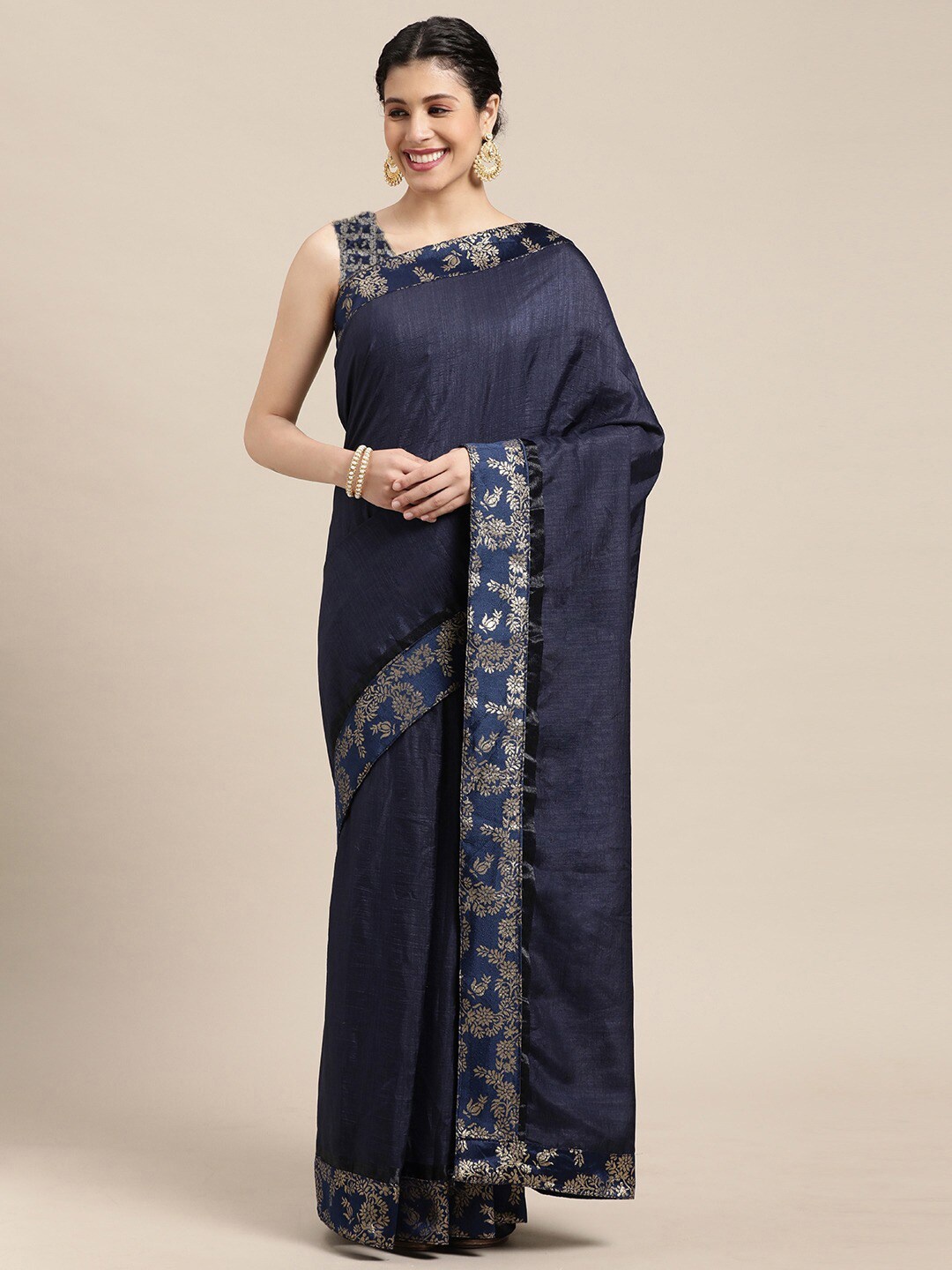 

all about you Navy Blue Woven Design Border Saree