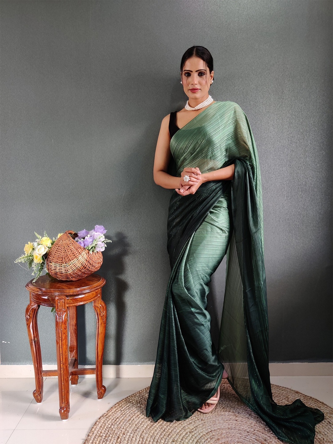 

ZILVIRA Ombre Pure Chiffon Ready to Wear Saree, Green
