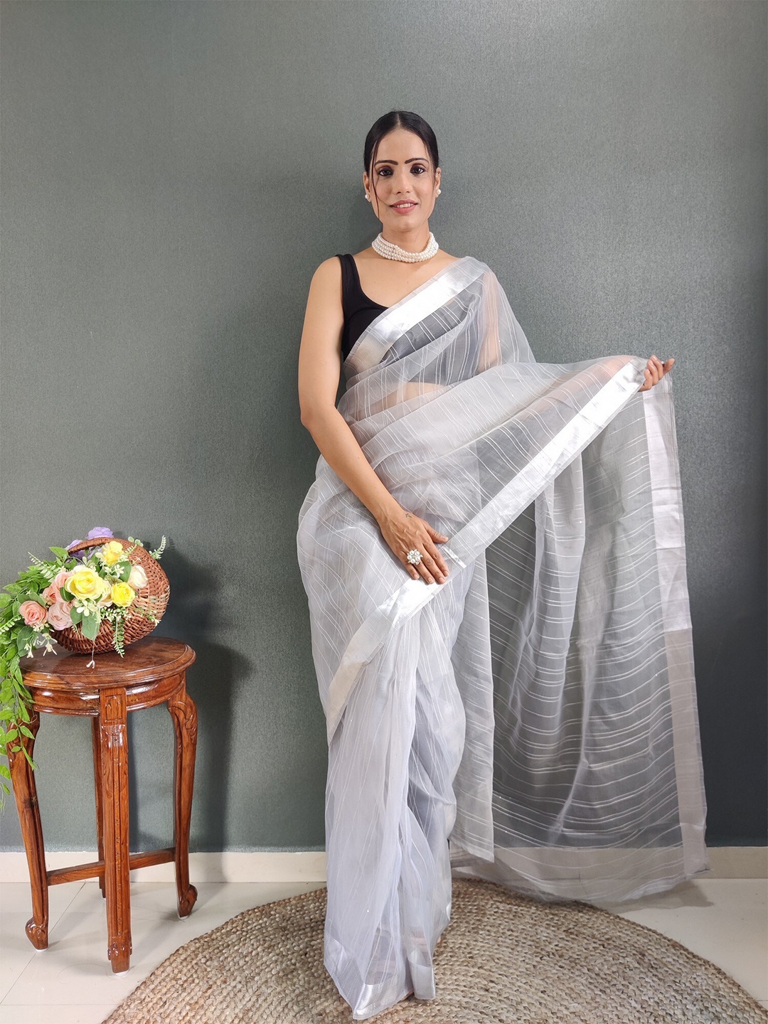 

ZILVIRA Striped Printed Zari Organza Ready To Wear Saree, White