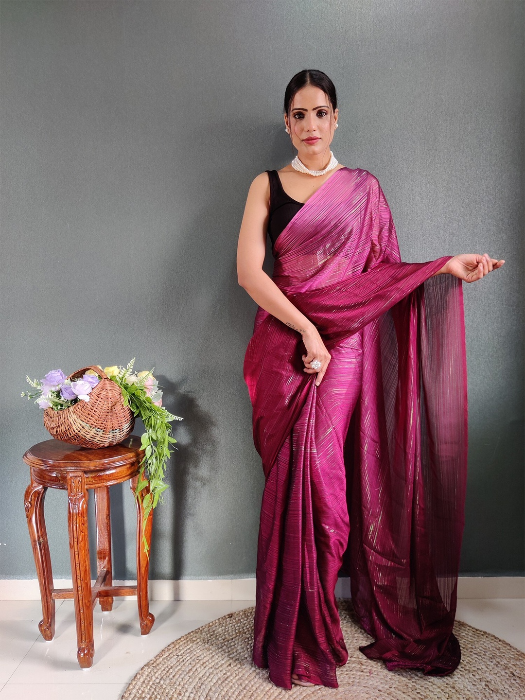 

ZILVIRA Striped Printed Pure Chiffon Ready to Wear Saree, Maroon