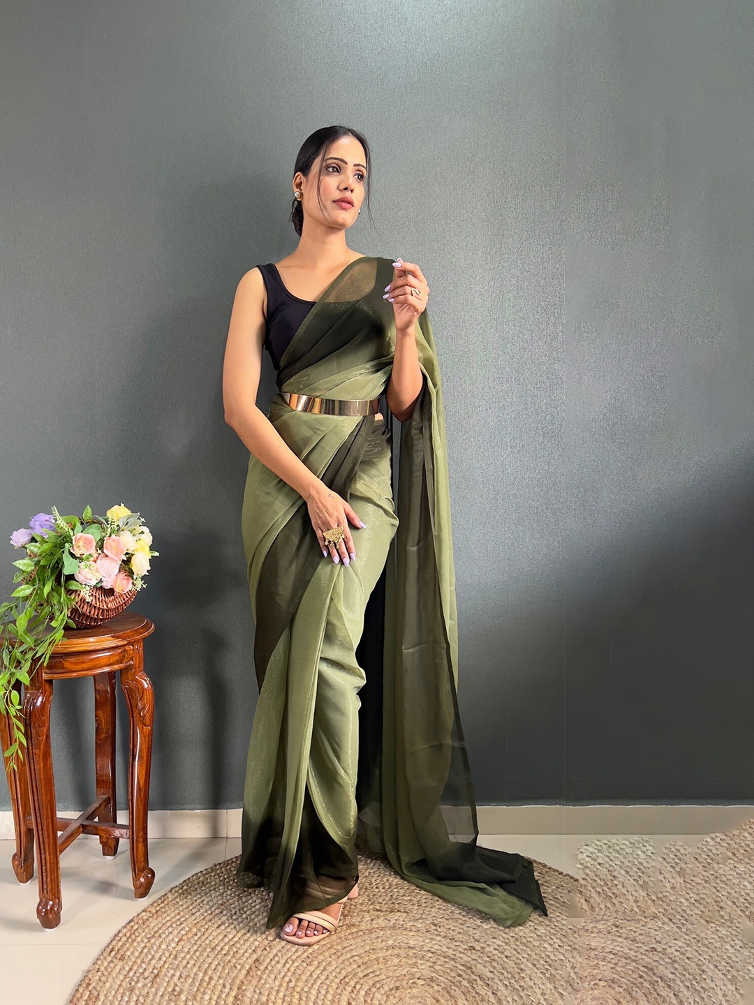 

ZILVIRA Ombre Dyed Ready to Wear Saree, Lime green