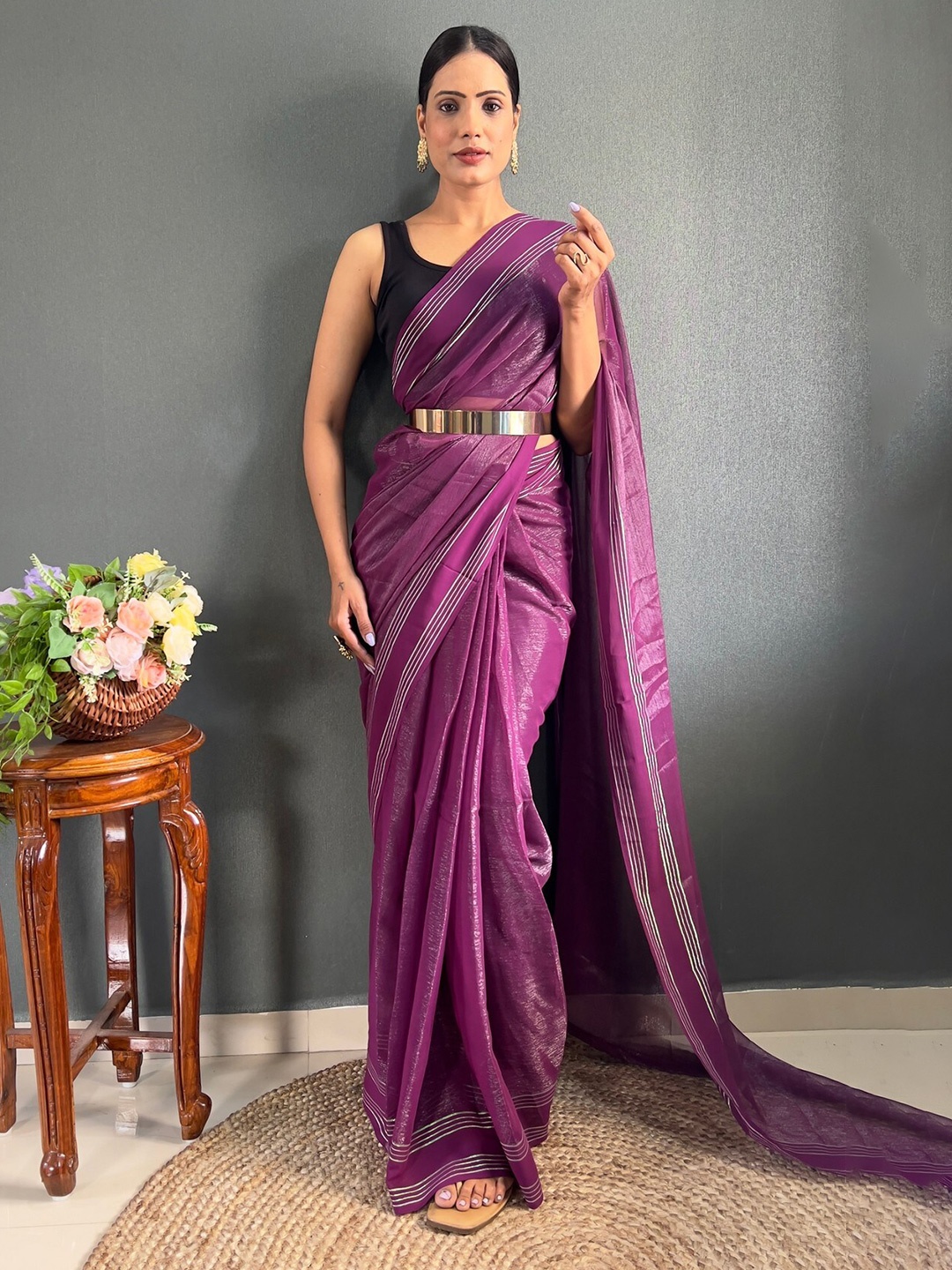 

ZILVIRA Solid Party Ready to Wear Saree, Purple