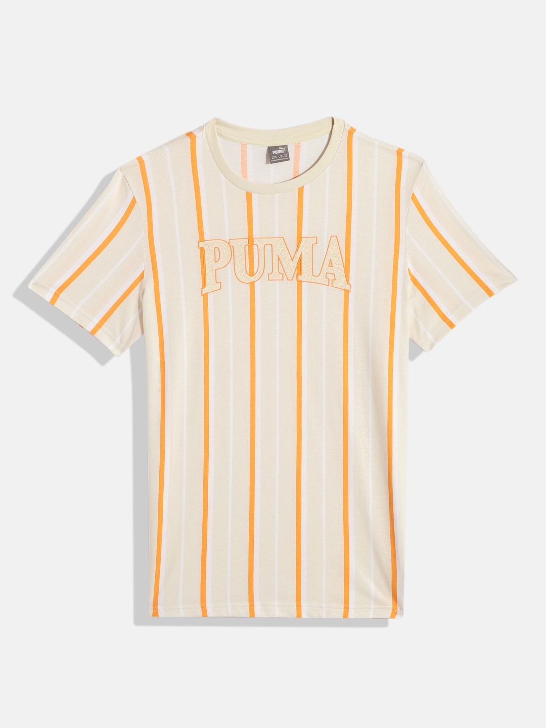 

Puma Boys Squad Summer Youth Multi Stripes & Brand Logo Print Knitted Pure Cotton T-shirt, Cream