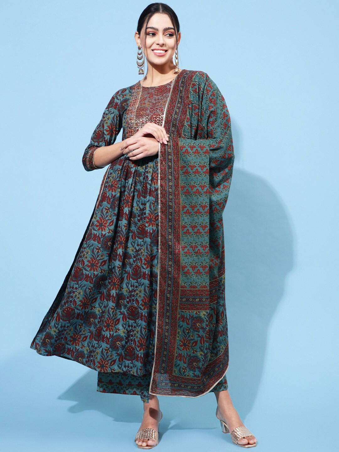 

GULMOHAR JAIPUR Floral Printed Sequined Straight Pure Cotton Kurta with Palazzos & Dupatta, Teal