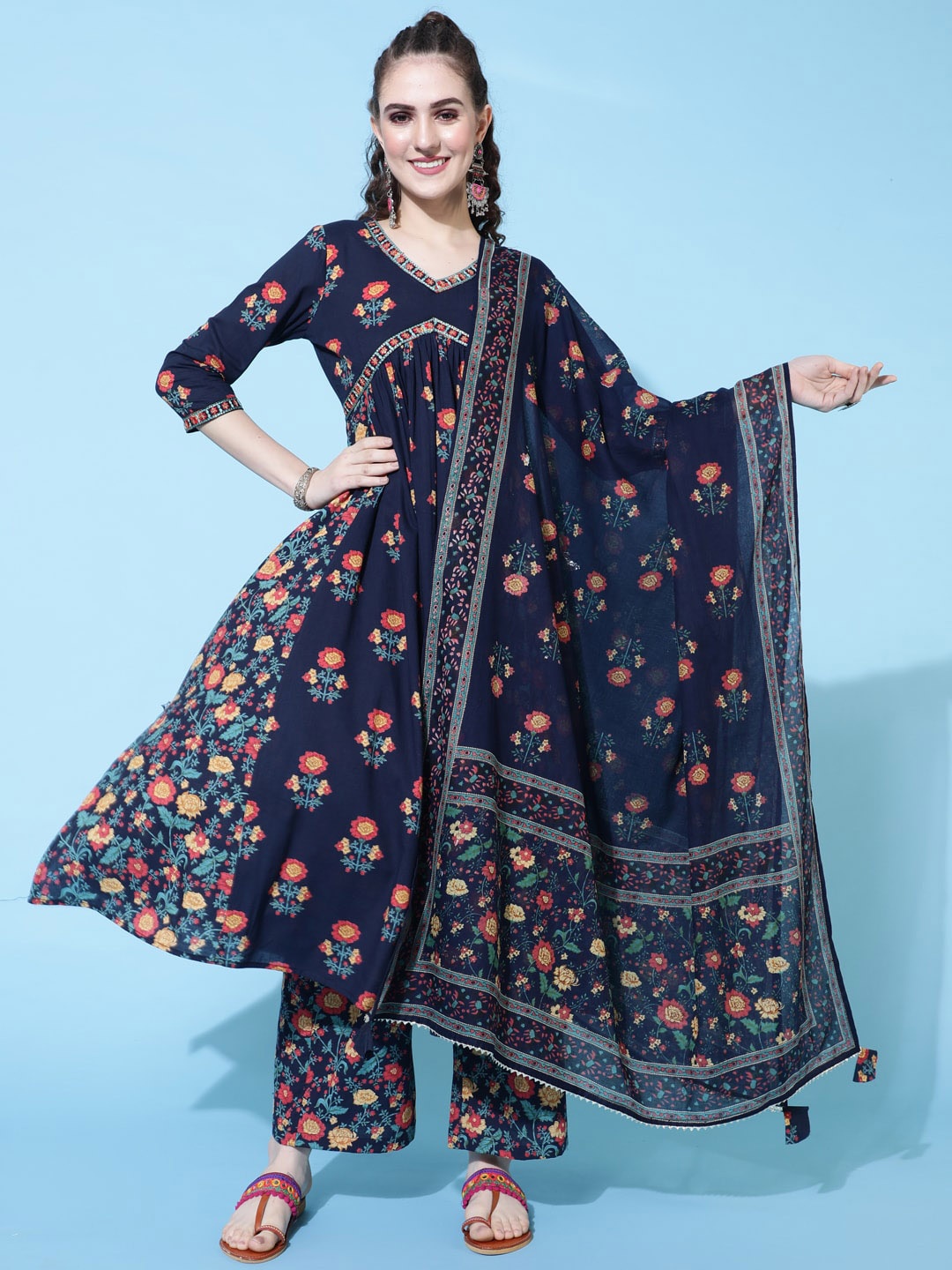 

GULMOHAR JAIPUR Floral Printed Anarkali Pure Cotton Kurta with Palazzos & Dupatta, Navy blue