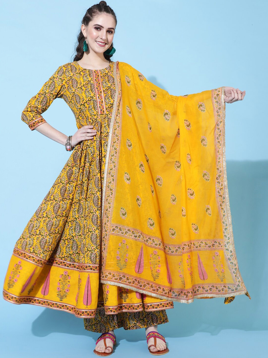 

GULMOHAR JAIPUR Ethnic Motifs Printed Regular Pure Cotton Kurta with Palazzos & Dupatta, Mustard