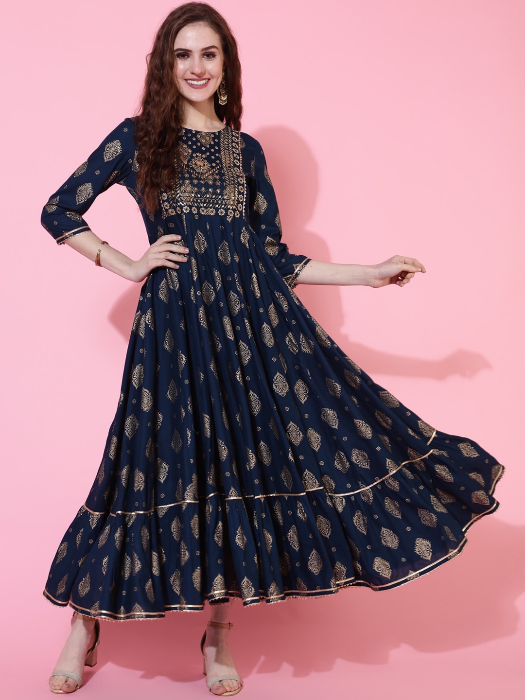 

GULMOHAR JAIPUR Ethnic Motifs Printed Gathered Maxi Ethnic Dress, Navy blue