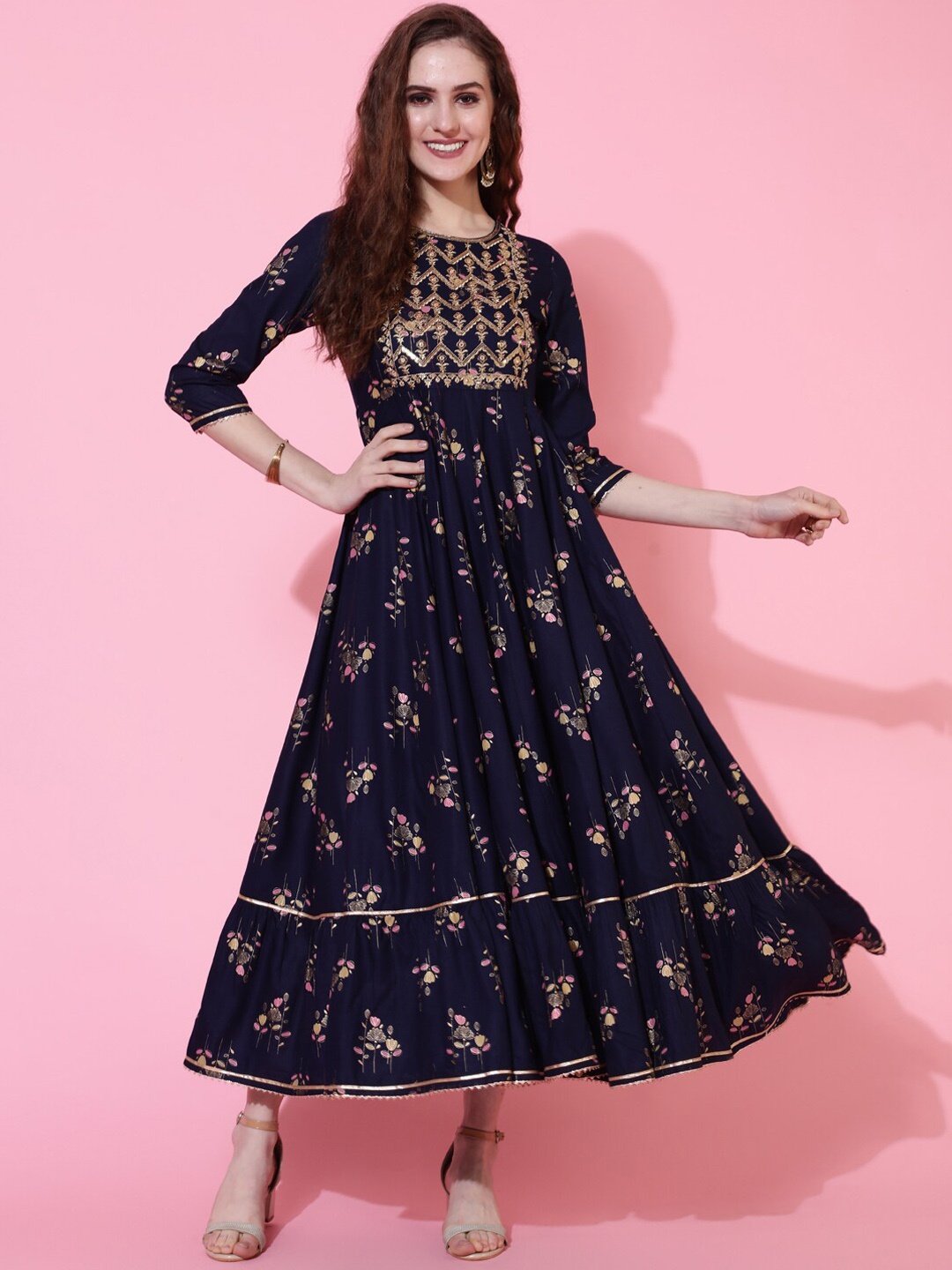 

GULMOHAR JAIPUR Floral Printed Gathered Maxi Ethnic Dress, Navy blue
