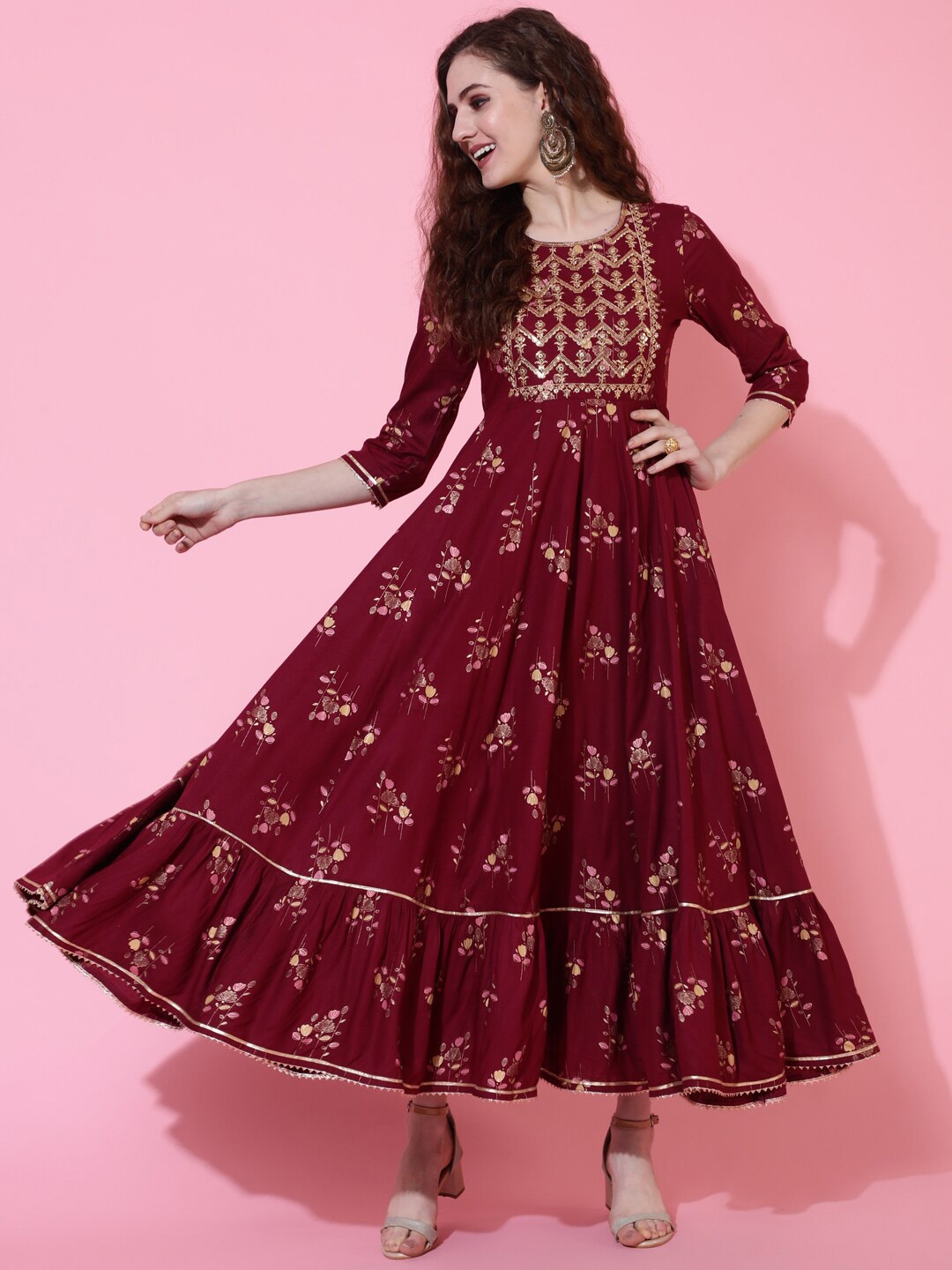 

GULMOHAR JAIPUR Floral Printed Sequinned Tiered Detail Fit and Flare Maxi Ethnic Dress, Maroon