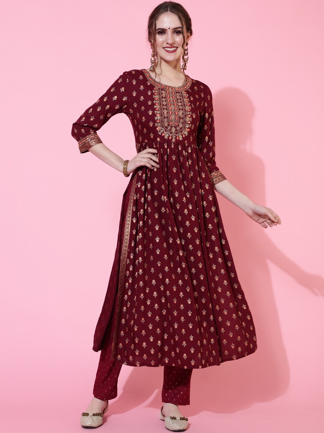 

GULMOHAR JAIPUR Ethnic Motifs Printed Pleated Kurta with Trousers, Maroon