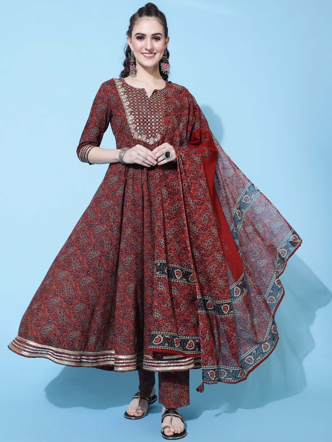 

GULMOHAR JAIPUR Ethnic Motifs Printed Regular Pure Cotton Kurta with Palazzos & Dupatta, Maroon