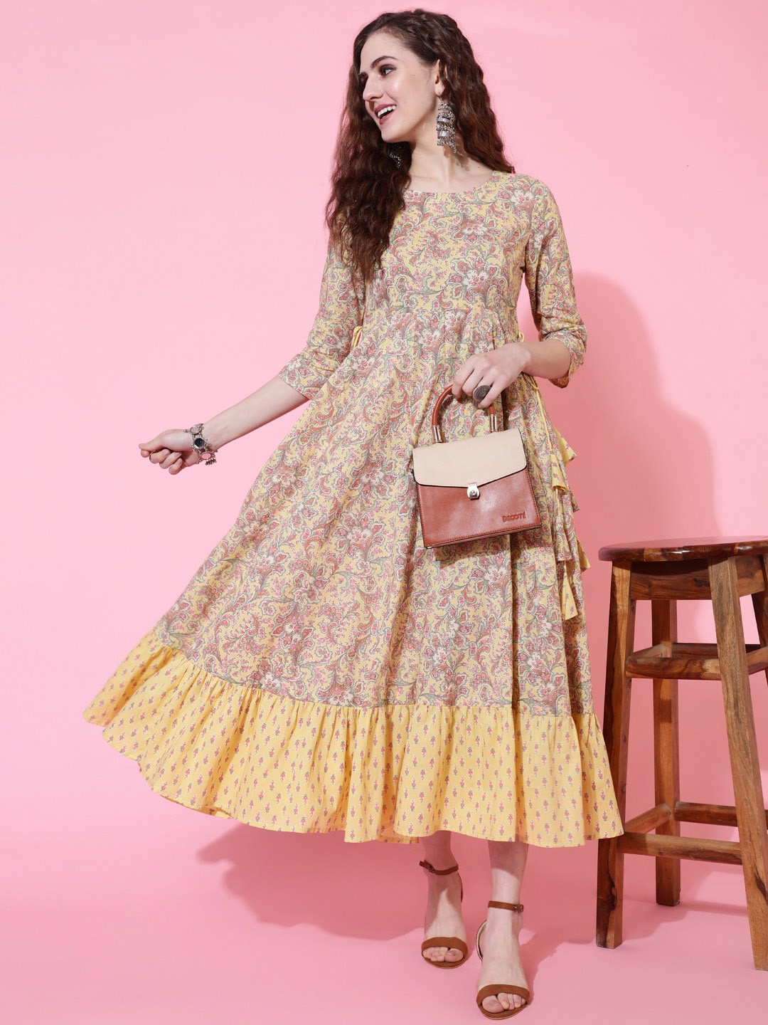 

GULMOHAR JAIPUR Floral Printed Tiered & Tie-Ups Cotton Fit and Flare Maxi Ethnic Dress, Mustard