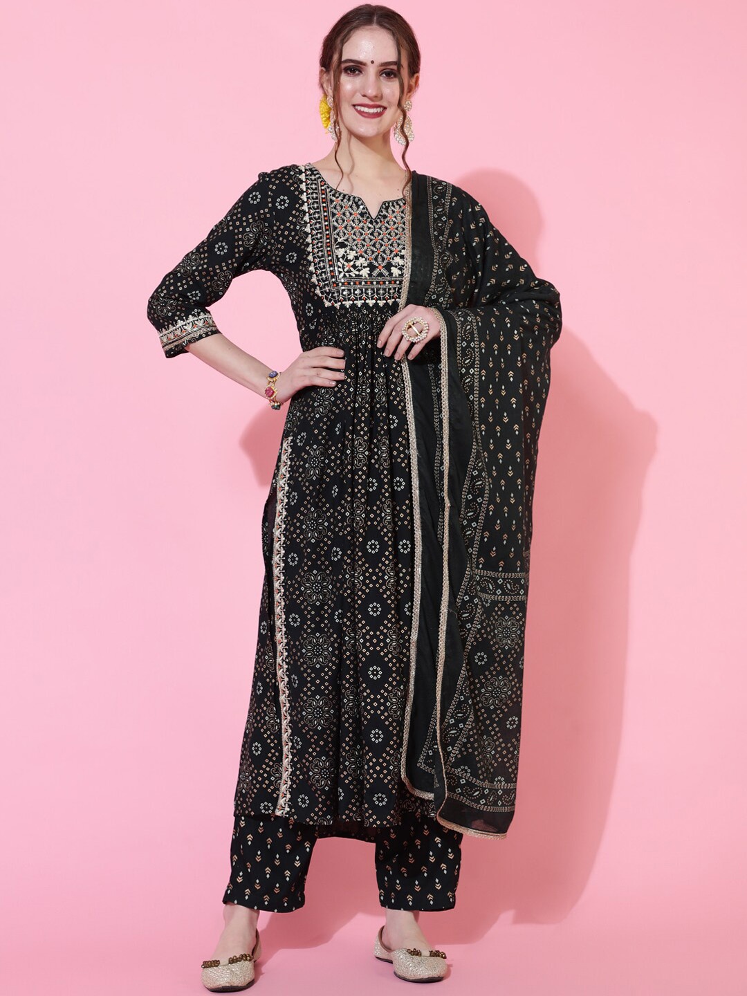 

GULMOHAR JAIPUR Ethnic Motifs Printed Pleated Thread Work Kurta with Trousers & Dupatta, Olive