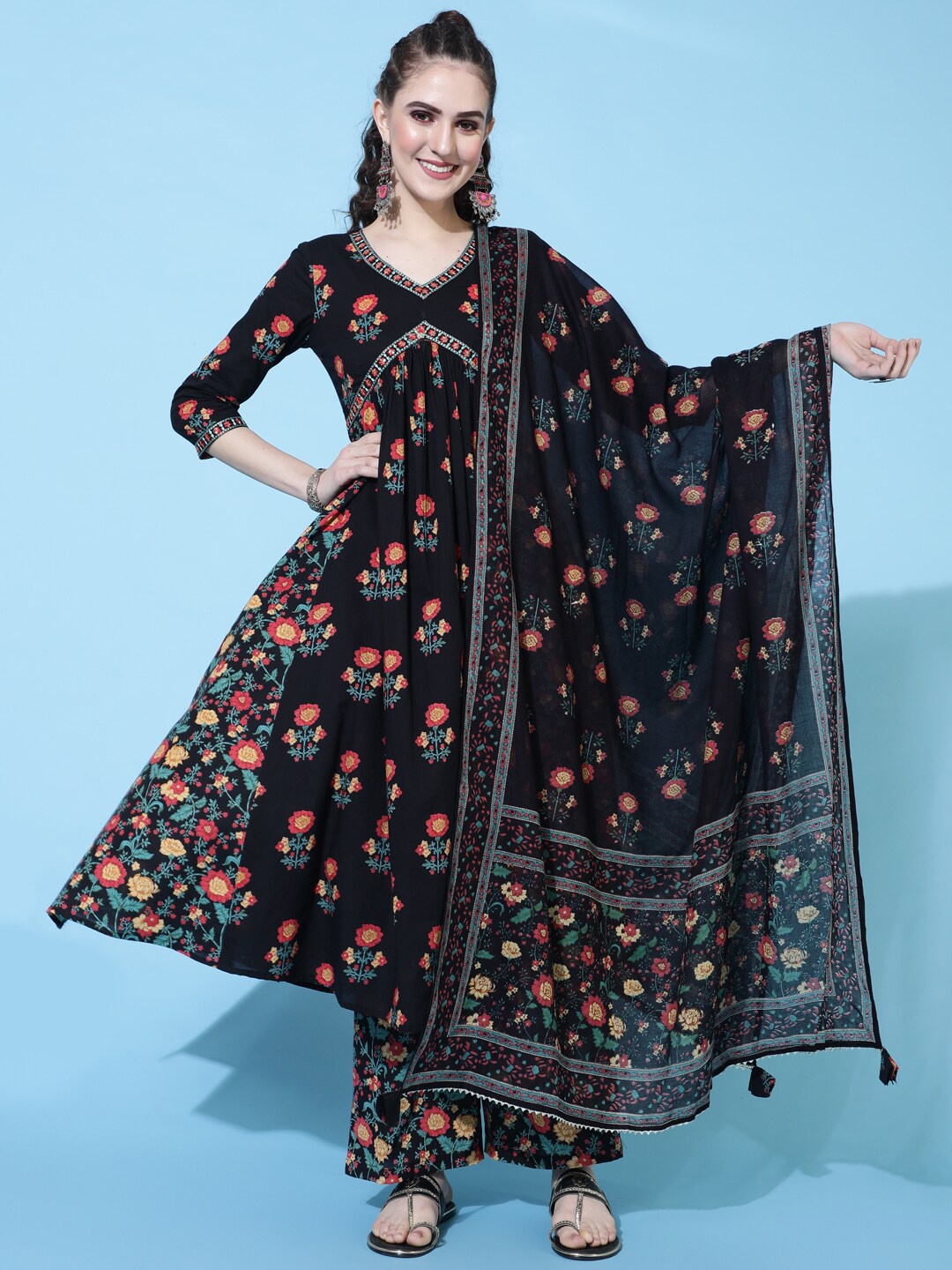 

GULMOHAR JAIPUR Floral Printed Empire Pure Cotton Kurta with Palazzos & Dupatta, Black