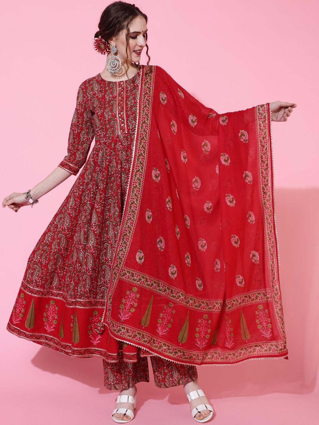 

GULMOHAR JAIPUR Ethnic Motifs Printed Empire Pure Cotton Kurta with Palazzos & Dupatta, Red