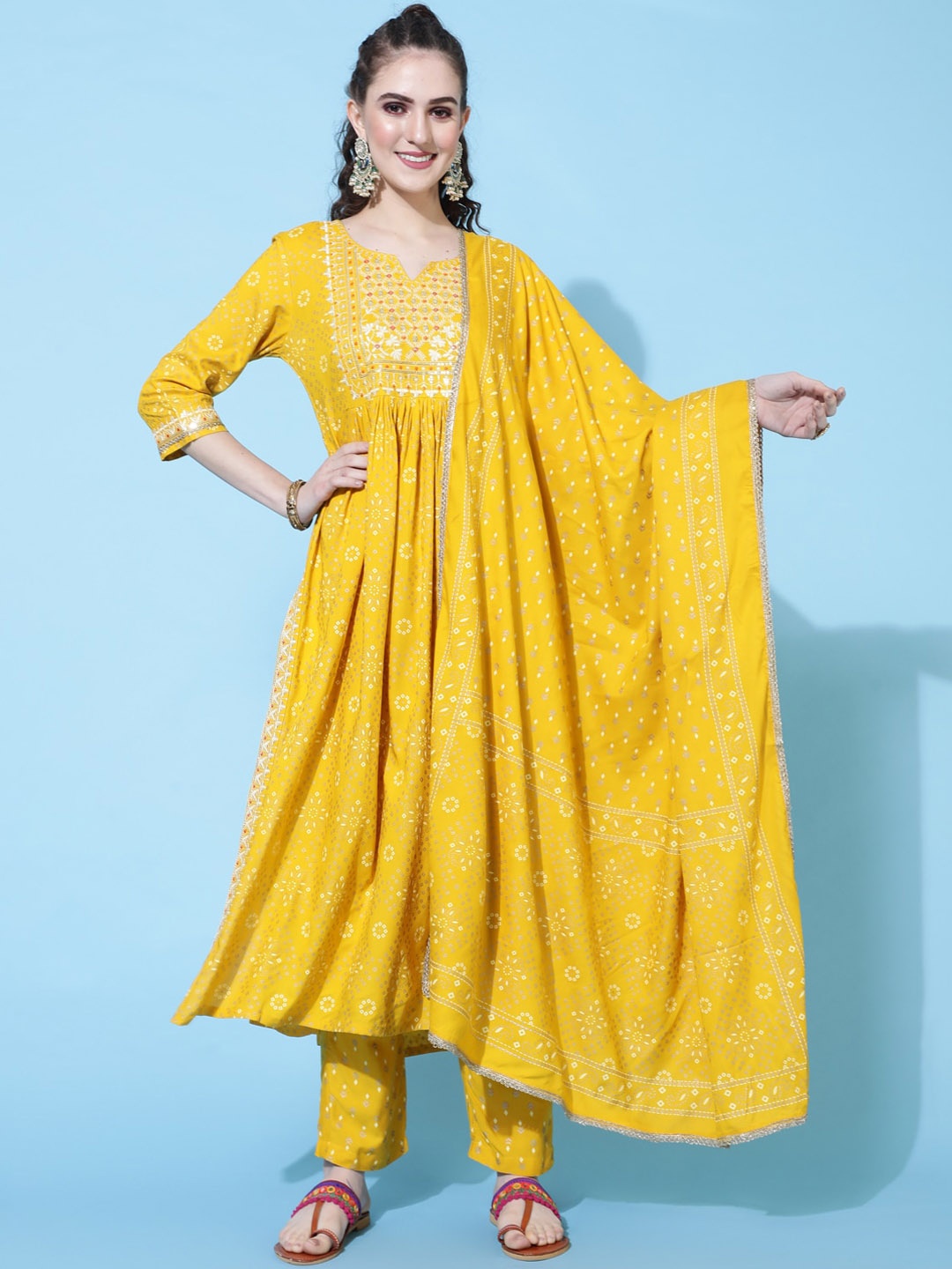 

GULMOHAR JAIPUR Ethnic Motifs Printed Empire Thread Work Kurta with Trousers & Dupatta, Yellow