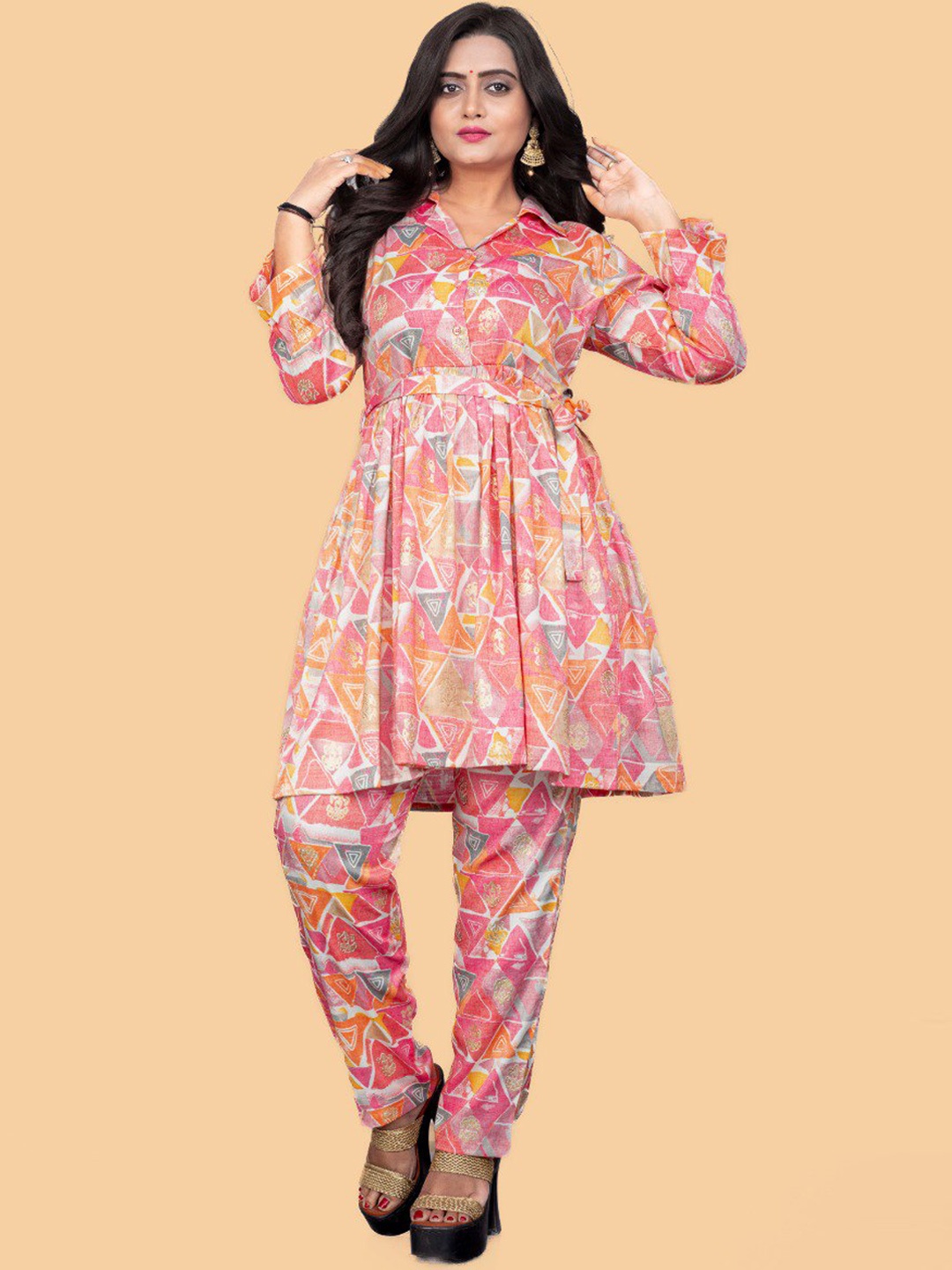 

S.K.C Printed Shirt Collar Tunic & Trousers, Pink
