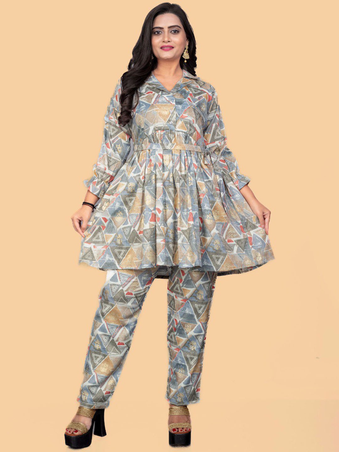 

S.K.C Printed Shirt Collar Tunic & Trousers, Grey