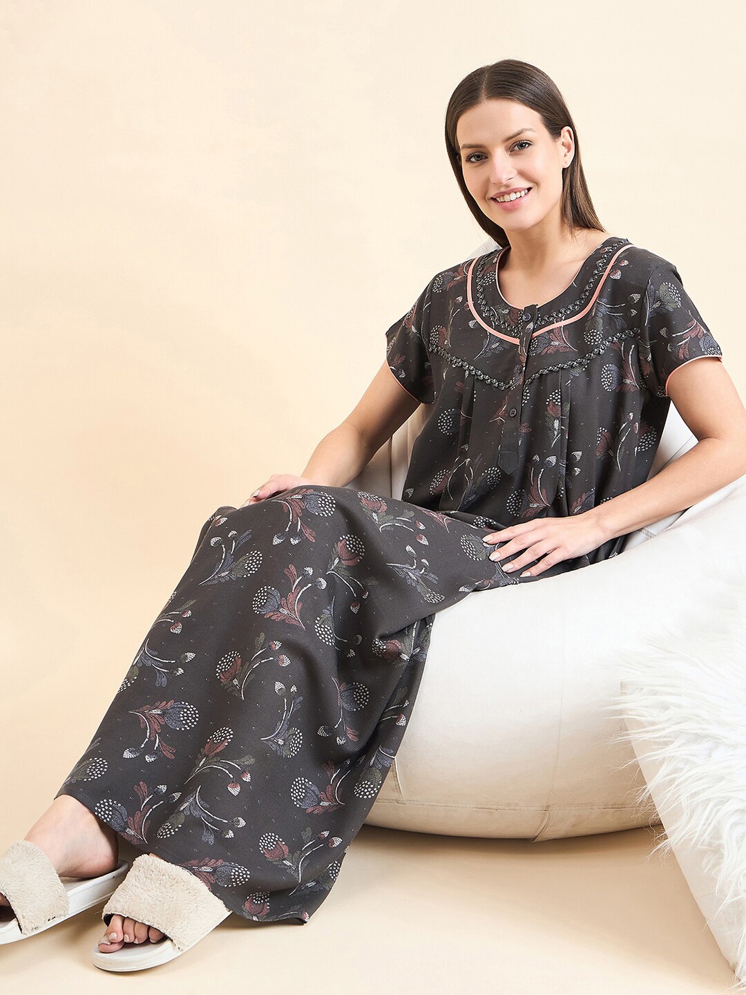 

Sweet Dreams Grey Floral Printed Pure Cotton Maxi Nightdress