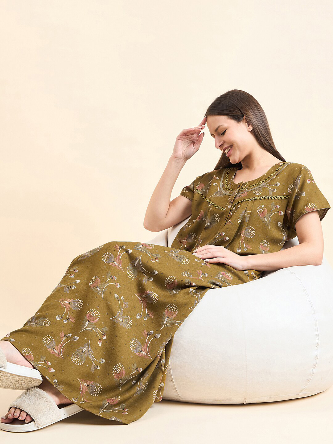 

Sweet Dreams Khaki Floral Printed Pure Cotton Maxi Nightdress