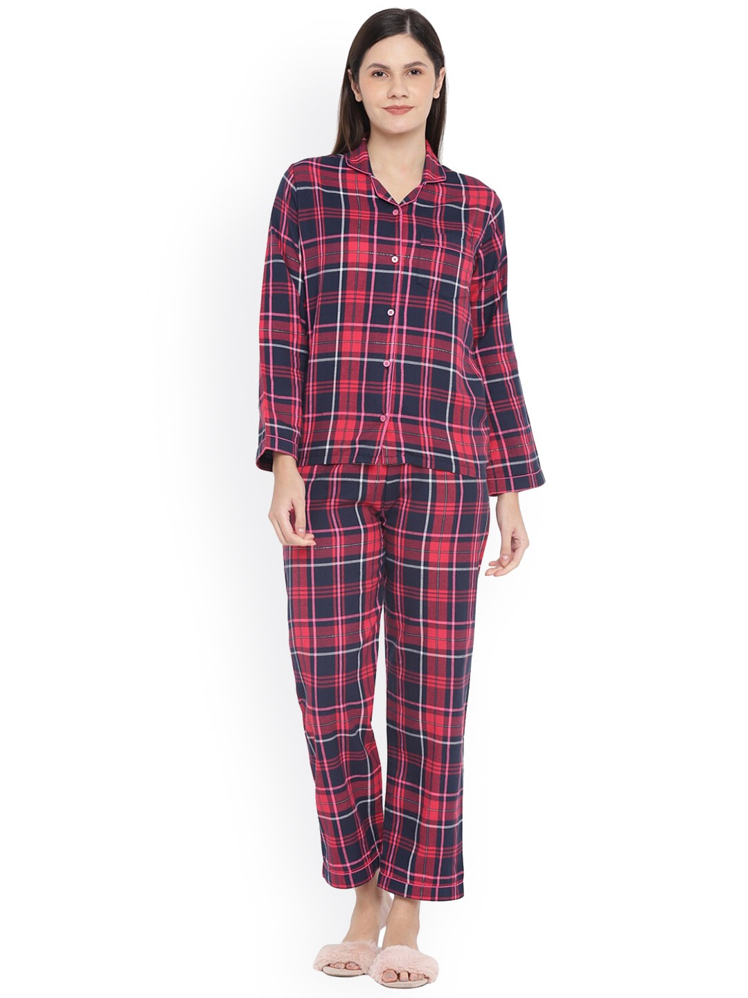 

shopbloom Lapel Collar Checked Pure Cotton Night Suit, Pink