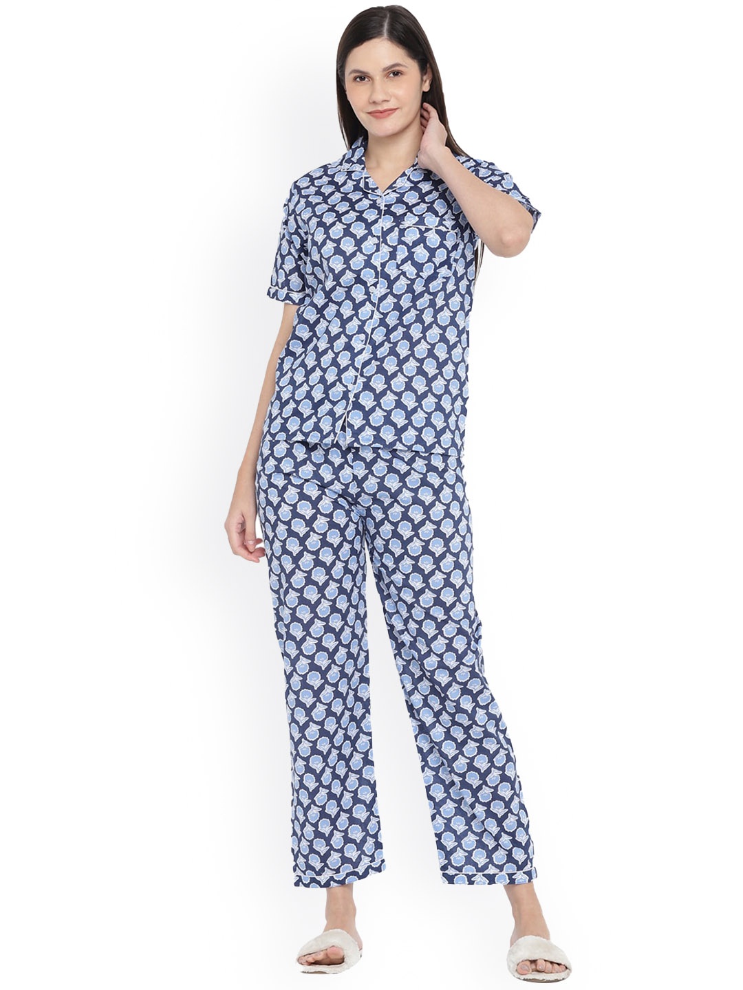 shopbloom Floral Printed Pure Cotton Night Suit, Blue
