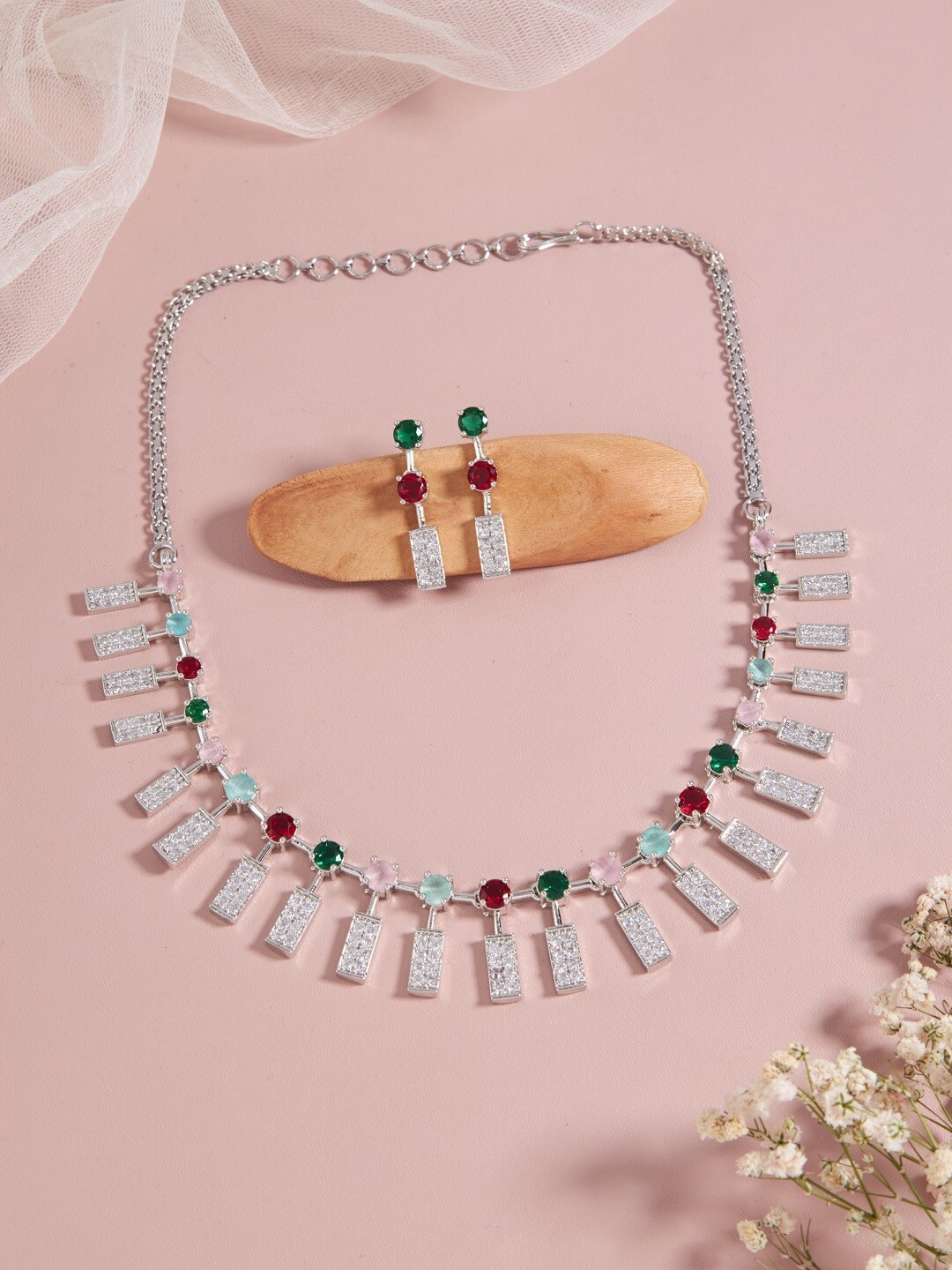 

SATJEWEL Silver-Plated Stone Studded Jewellery Set
