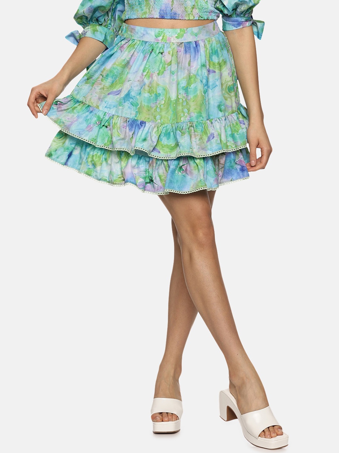 

ISU Floral Printed Mini Tiered Skirt, Blue