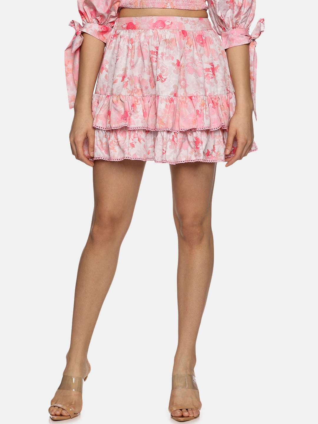 

ISU Floral Printed Mini Tiered Skirt, Pink