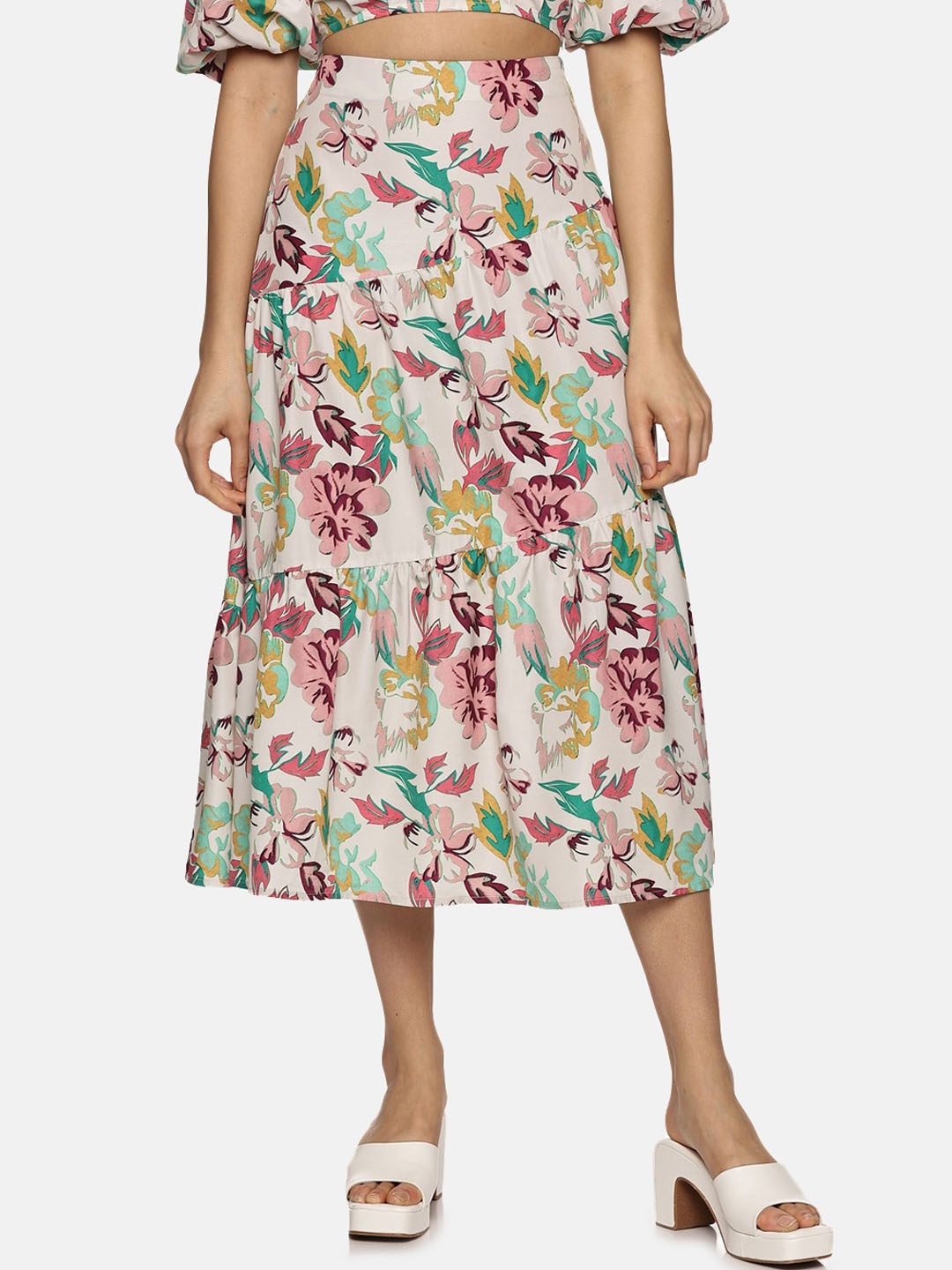 

ISU Floral Printed Midi Tiered Skirt, Cream