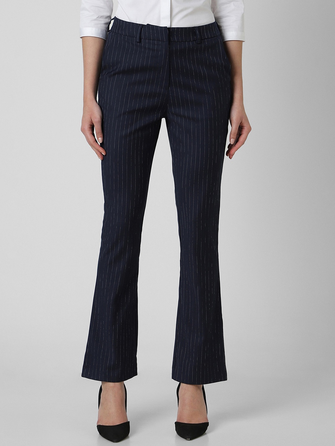 

Van Heusen Woman Striped Formal Bootcut Trousers, Navy blue