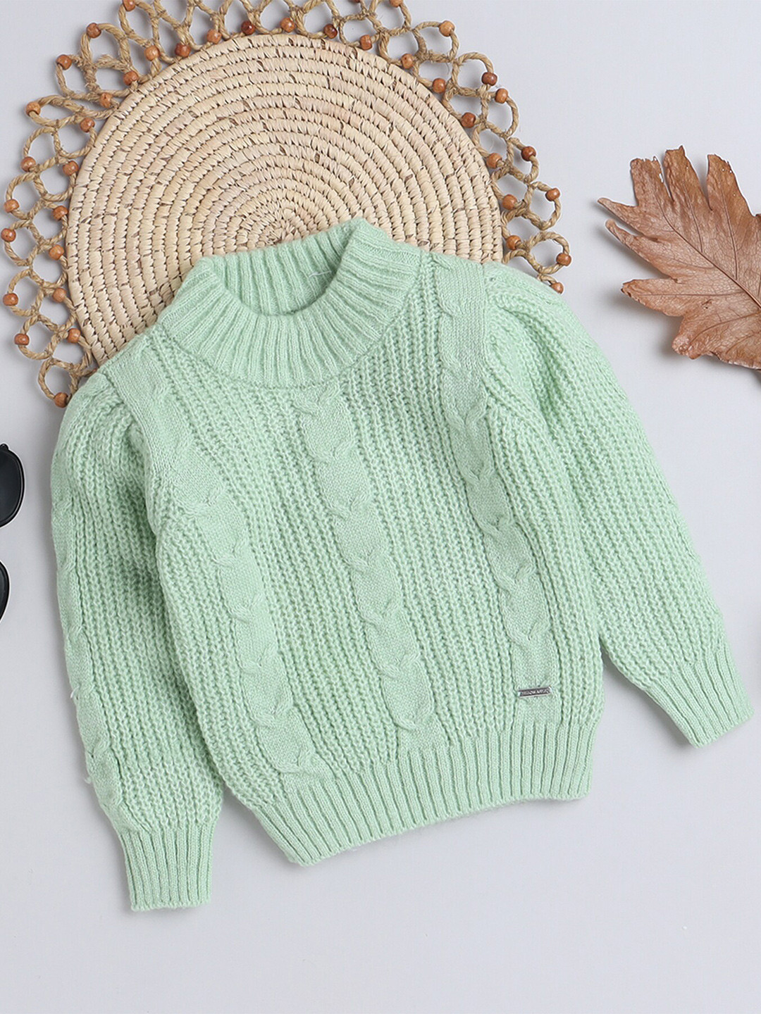 

Yellow Apple Girls Cable Knit Turtle Neck Woollen Pullover, Green