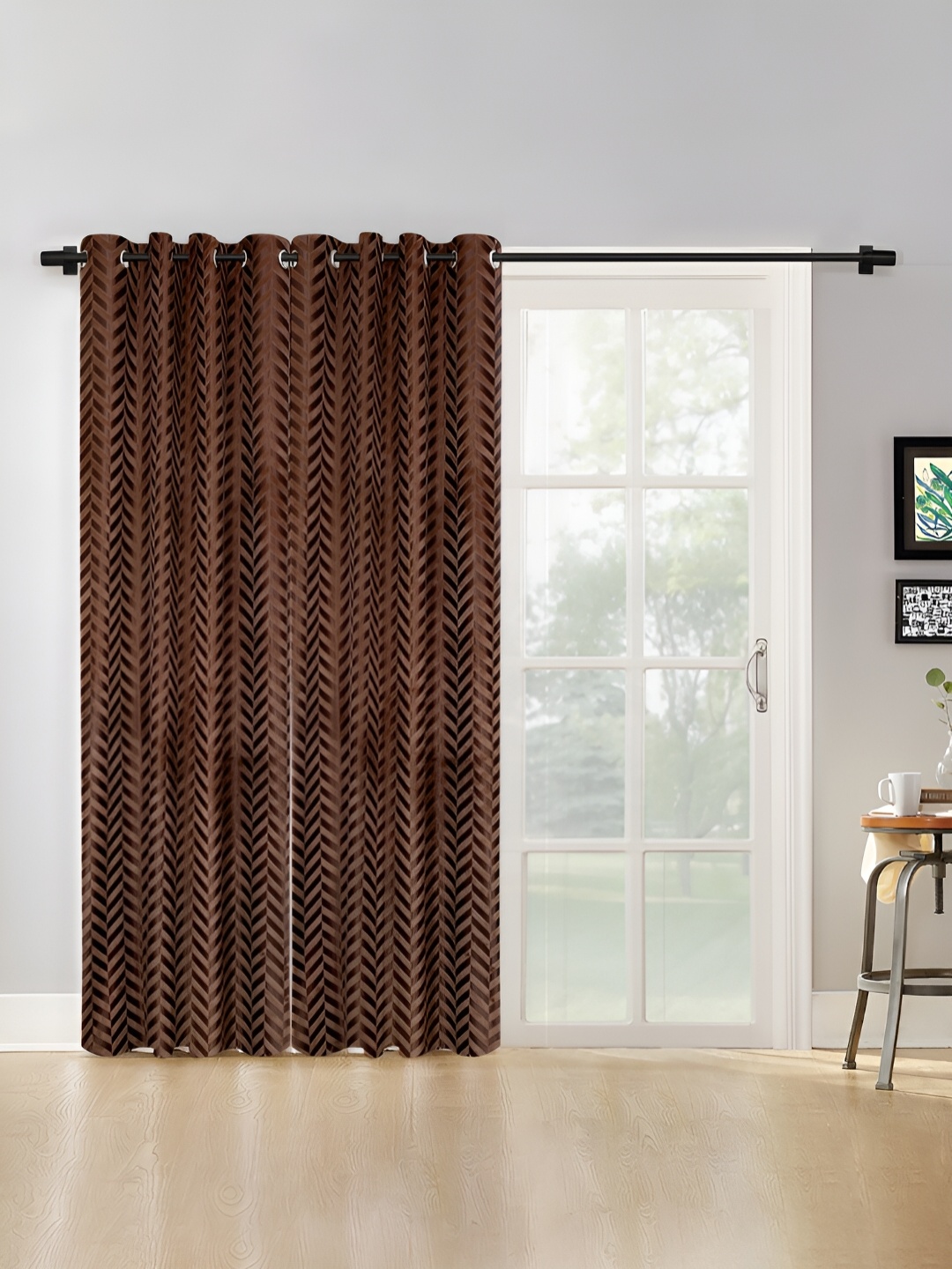 

SOKNACK Brown & Beige 2 Pieces Geometric Printed Black Out Door Curtains